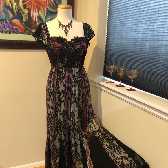 Free People Maxi Dress / Beaded Lace & Silk Edwardian Style Gown NWT - Size 2 - Picture 5 of 16